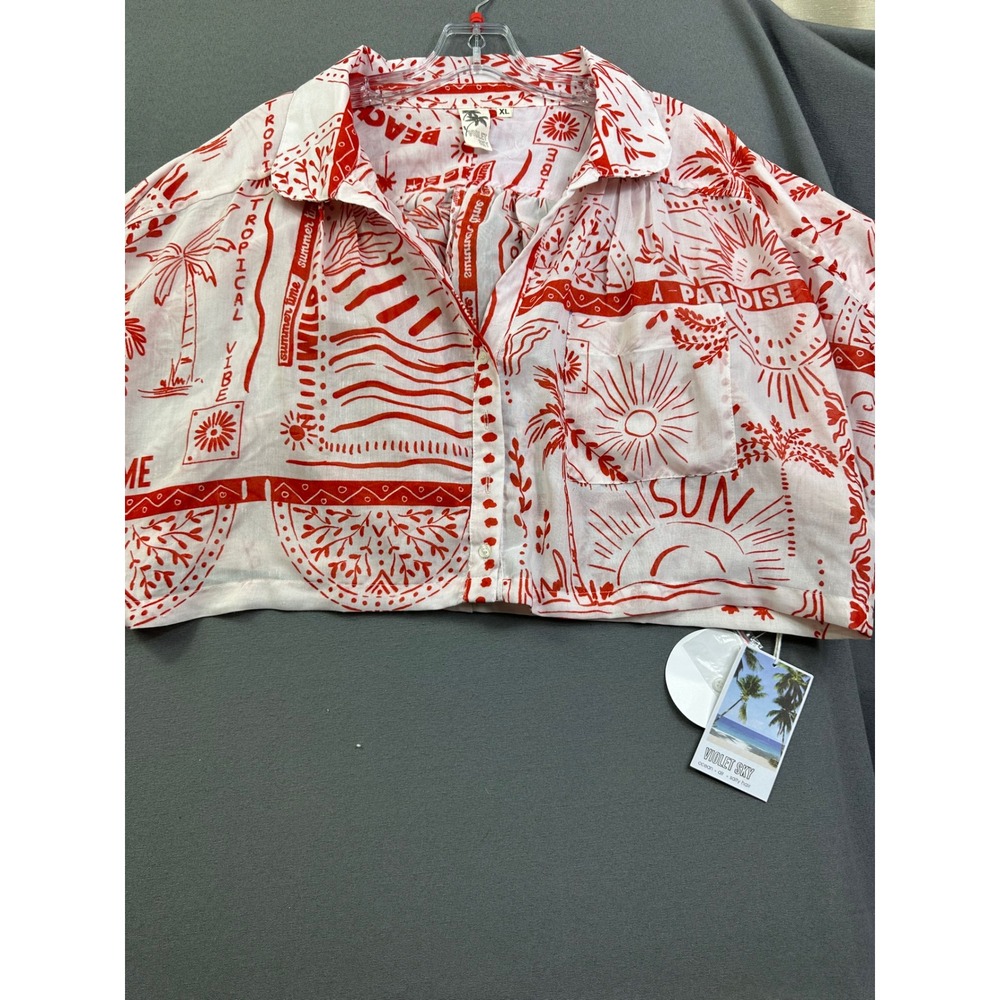 Violet Sky Women's XL Red White Tropical Beach Graphic Cropped Button Down Shirt